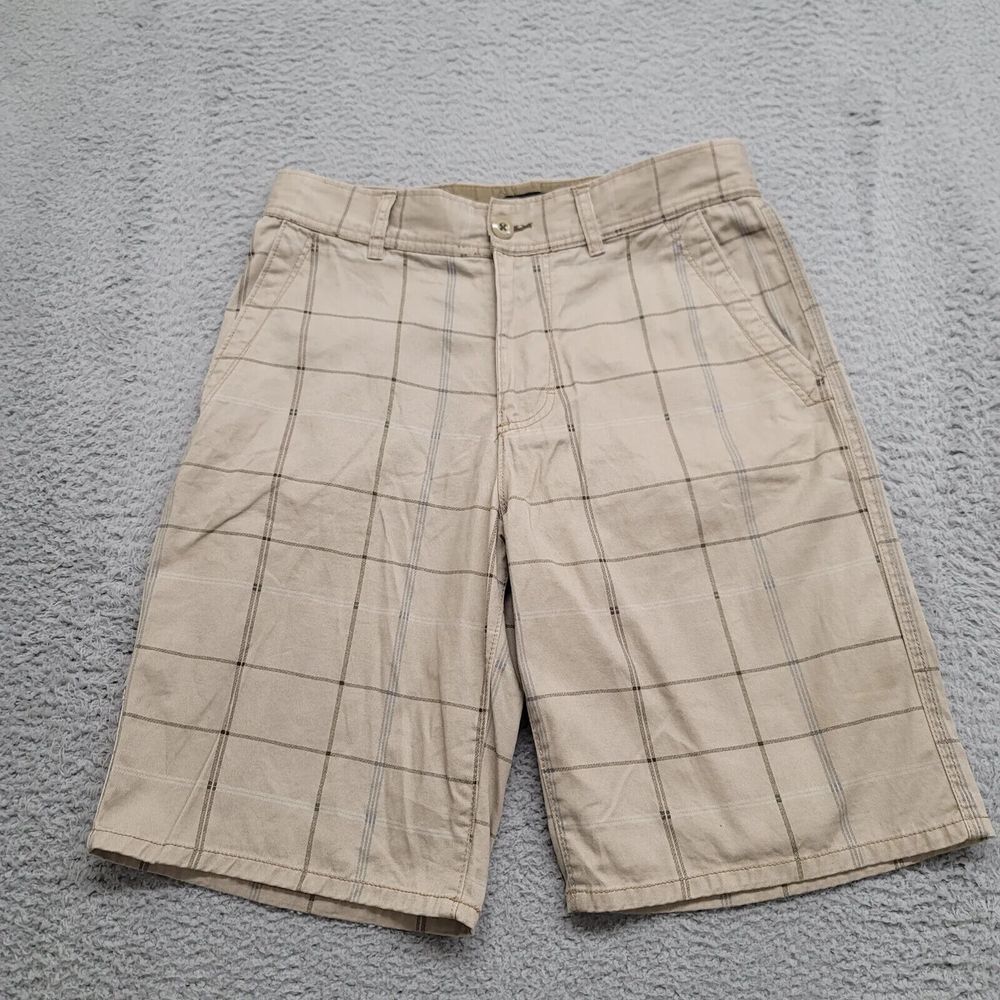 OP Shorts Mens 30 Tan Plaid Flat Front Chino Cotton 10" inseam Surfing Beach